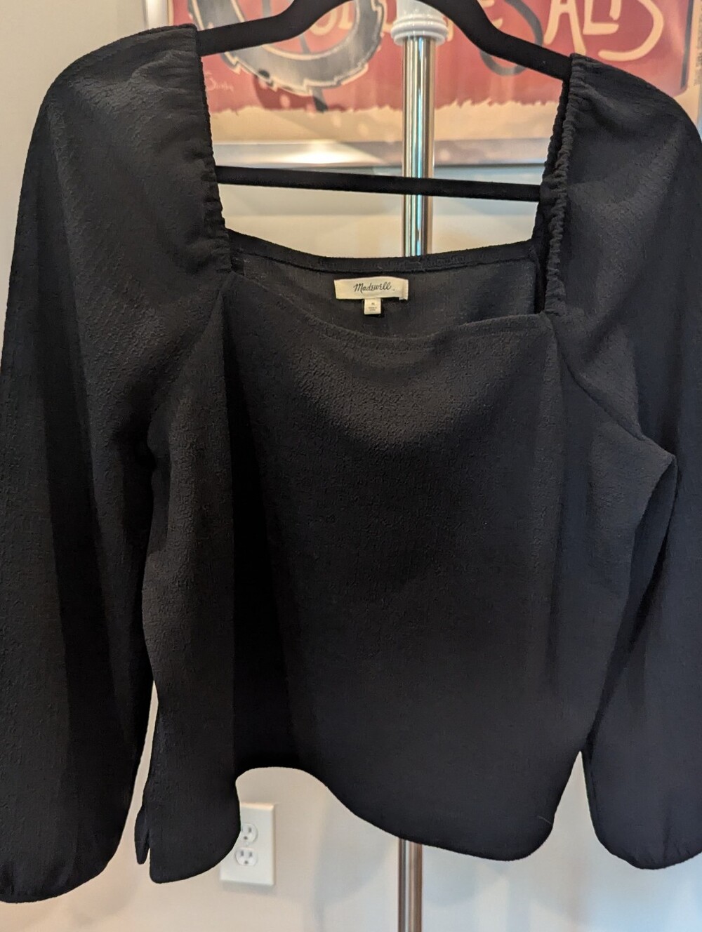 Madewell Crepe Square Neck Puff Sleeve Top Black Size Medium M EUC $22